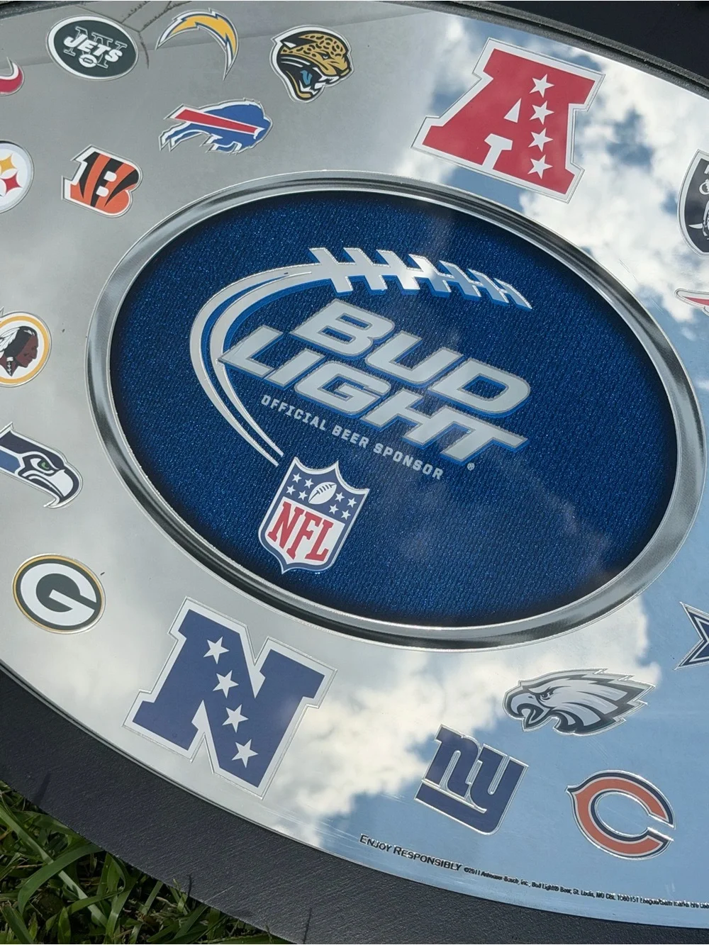 BUD LIGHT NFL OVAL MIRROR SIGN 32 TEAM HELMET LOGOS FRAMED 33x18 2011 Edition
